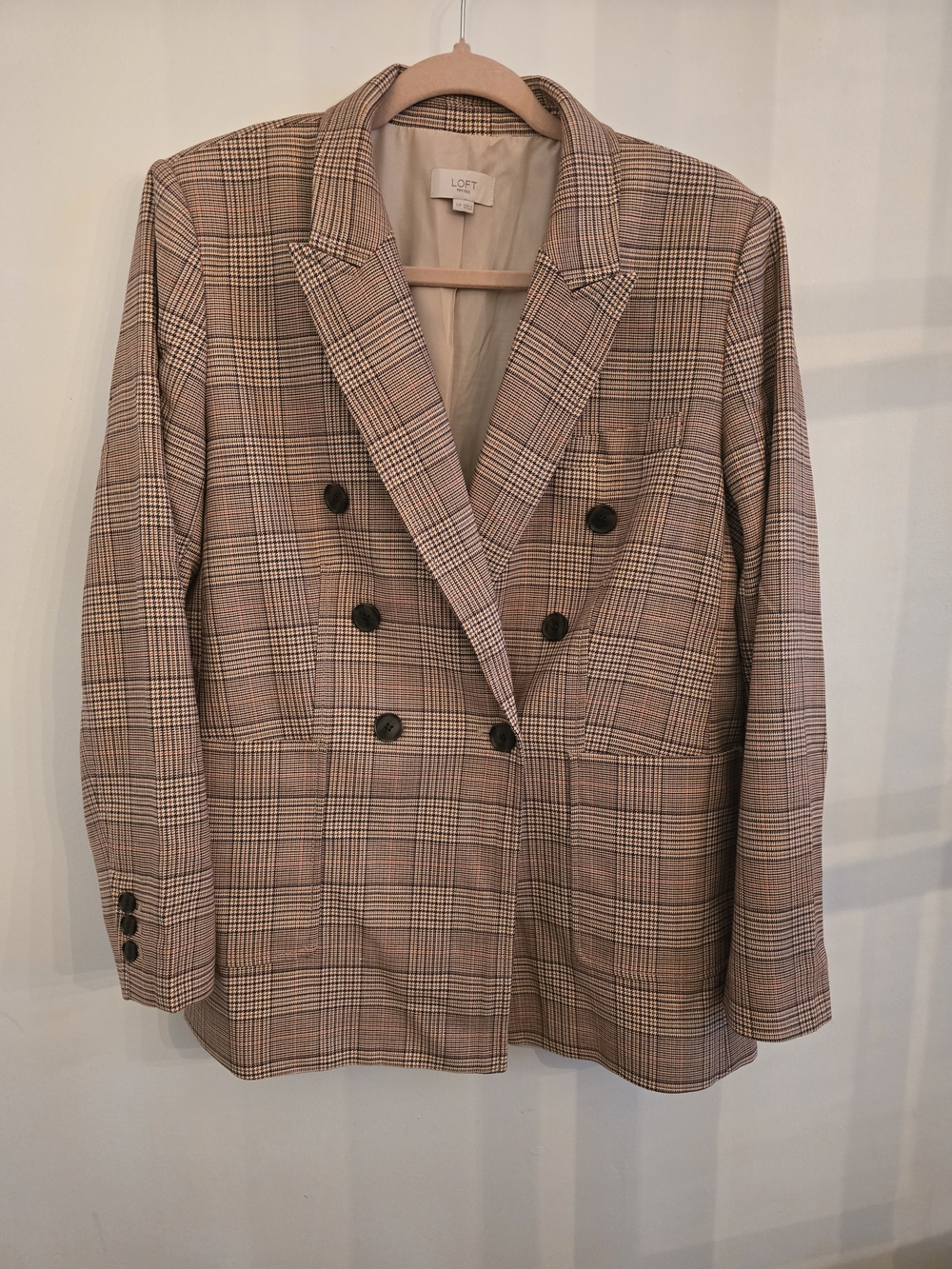 LOFT Double-Breasted Plaid Blazer in Beige Pink